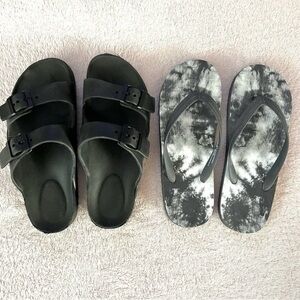 Black Arizona-Style Sandals and Black and Gray Flip-Flops